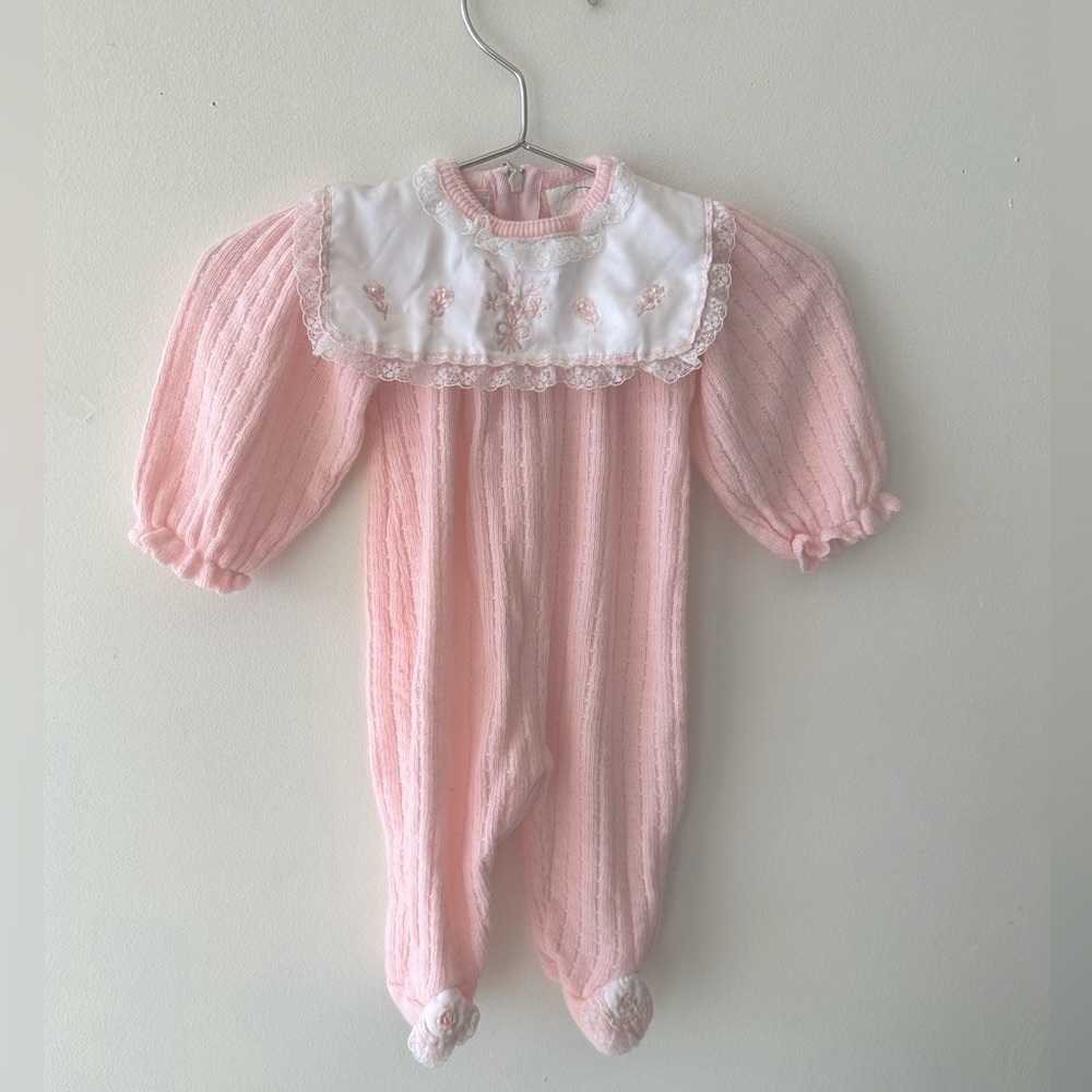 Vintage Baby One Piece - Blush with White Collar with embroidery and Lace - 0-3m
